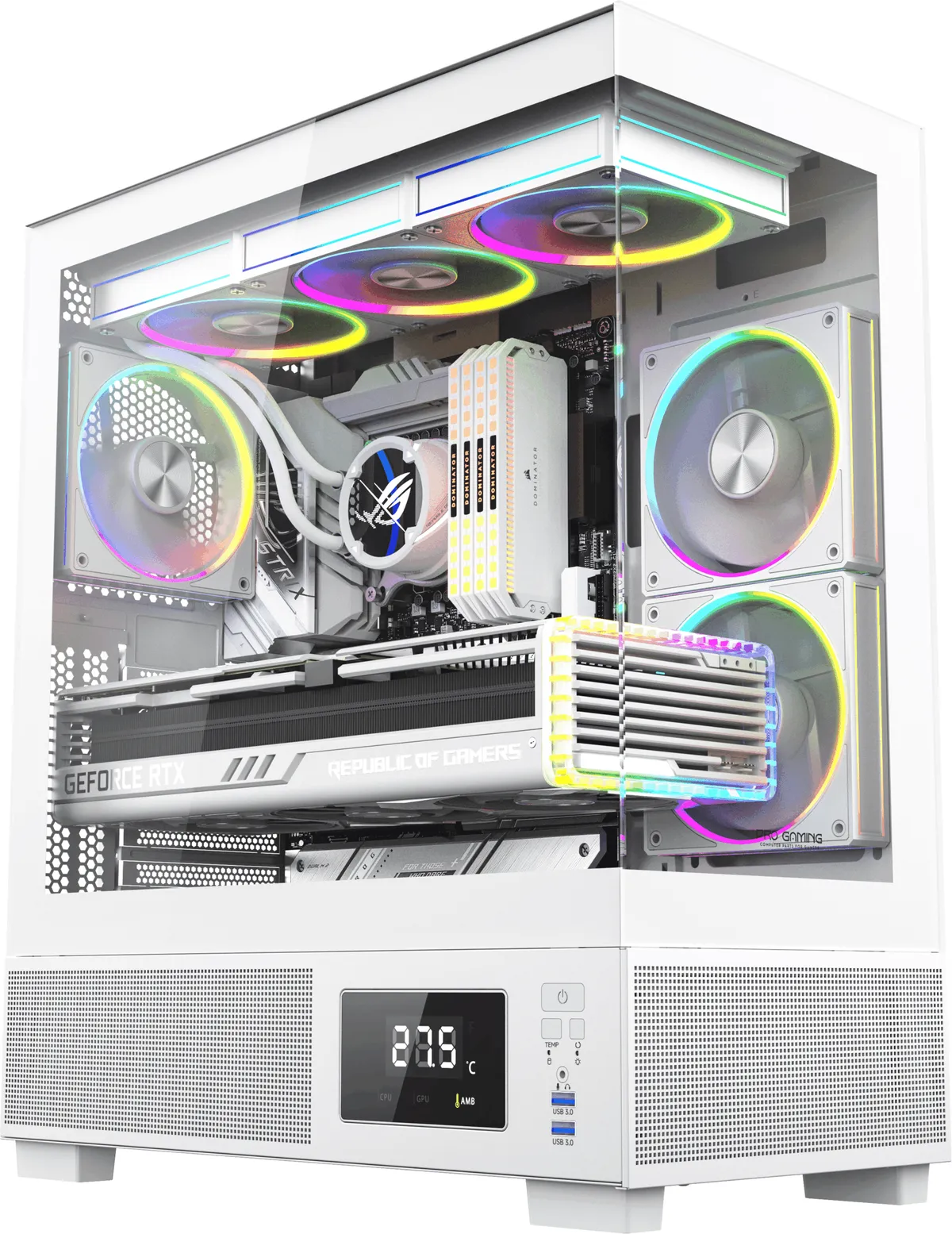 Carcasa Pro Gaming Kian White, Cube Tower, ATX, fara sursa, 6x ARGB FAN, Controller ARGB, Display temperatura GPU, CPU